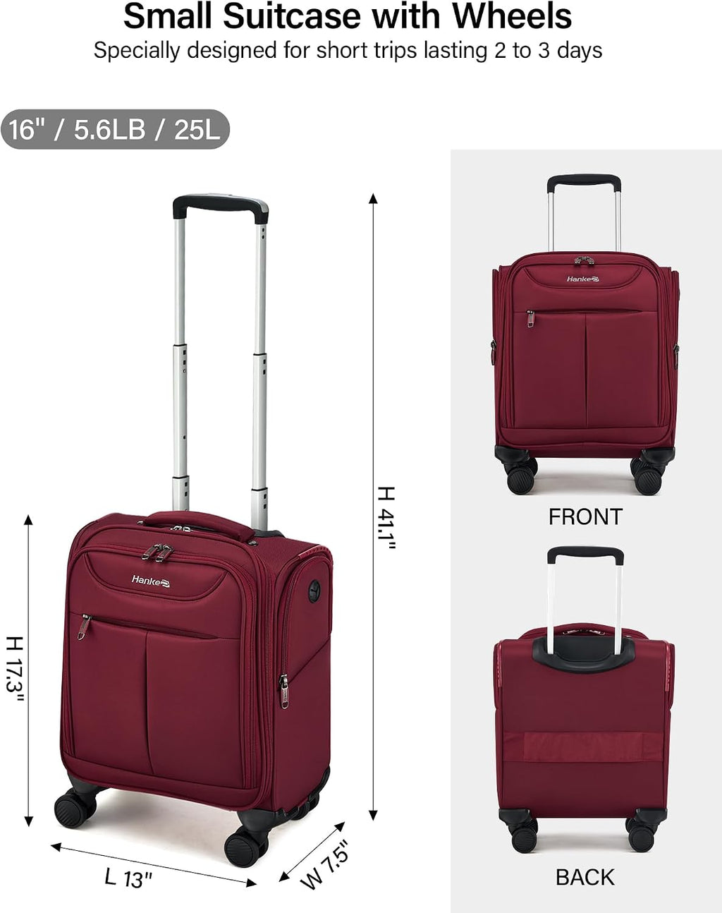 Hanke Underseat Carry On Luggage with Wheels, Lightweight Small Suitcase Airline Approved 16 Inch Softside Personal Item Travel Bag for Women Men, Compact Under Seat Luggage.(Burgundy)