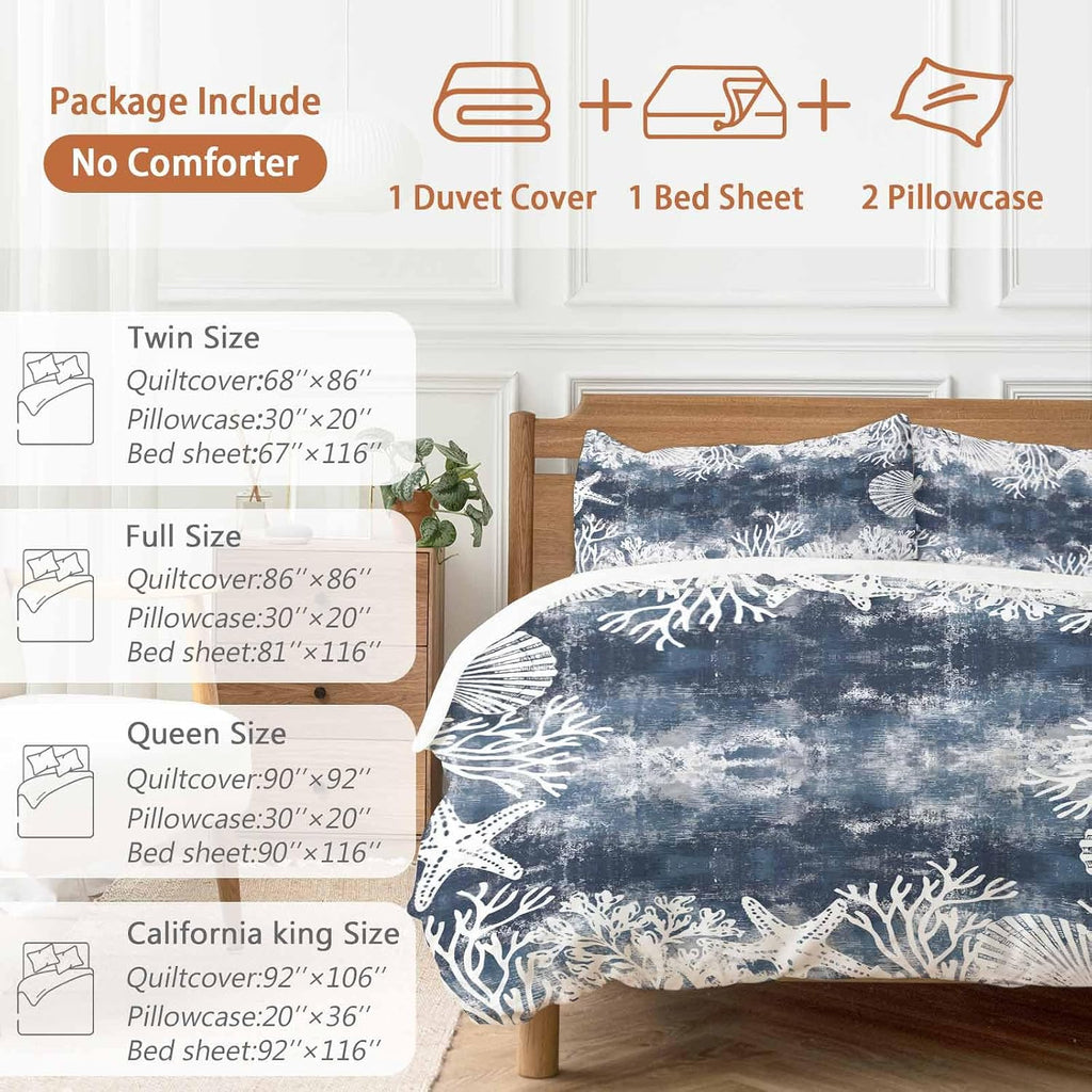 Vintage Blue Ocean Duvet Cover Set Queen Size 4 Pieces Country Nautical Coastal Sea Starfish Shell Coral Bedding Set with Zipper Closure, 1 Comforter Cover 92x106 Inches 1 Flat Sheet & 2 Pillow Cases