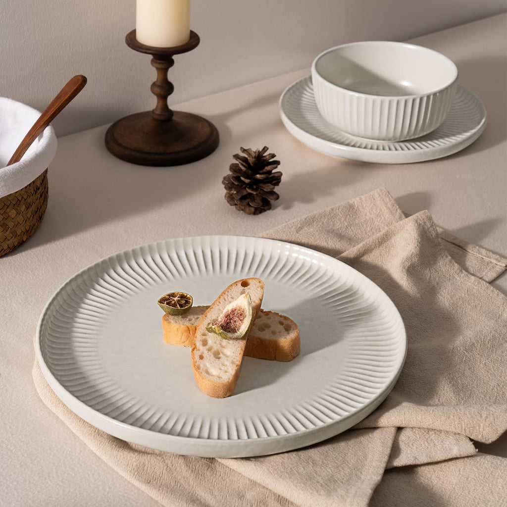 Famiware Starlight 24-Piece Plates and Bowls Sets for 8, Stoneware Dinnerware with Ribbed Textured, Handcrafted Reactive Glaze Dishes - Dishwasher & Microwave Safe, Chip/Scratch Resistant, Matte White