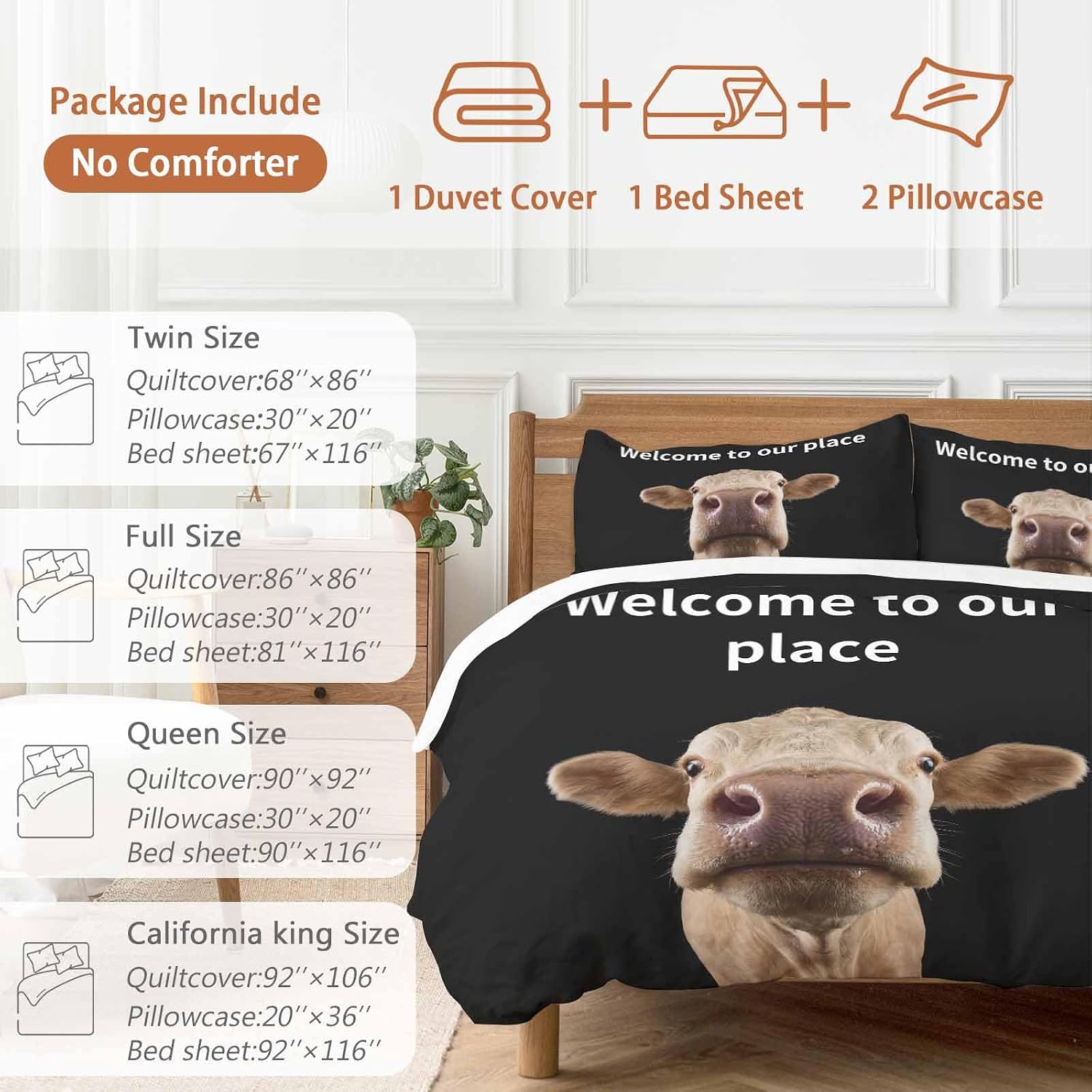 Prime Leader Funny Cow Duvet Cover Set Queen Size 4 Pieces Welcome to Our Place Abstract Animal Bedding Set with Zipper Closure, 1 Comforter Cover 92x106 Inches 1 Flat Sheet & 2 Pillow Cases