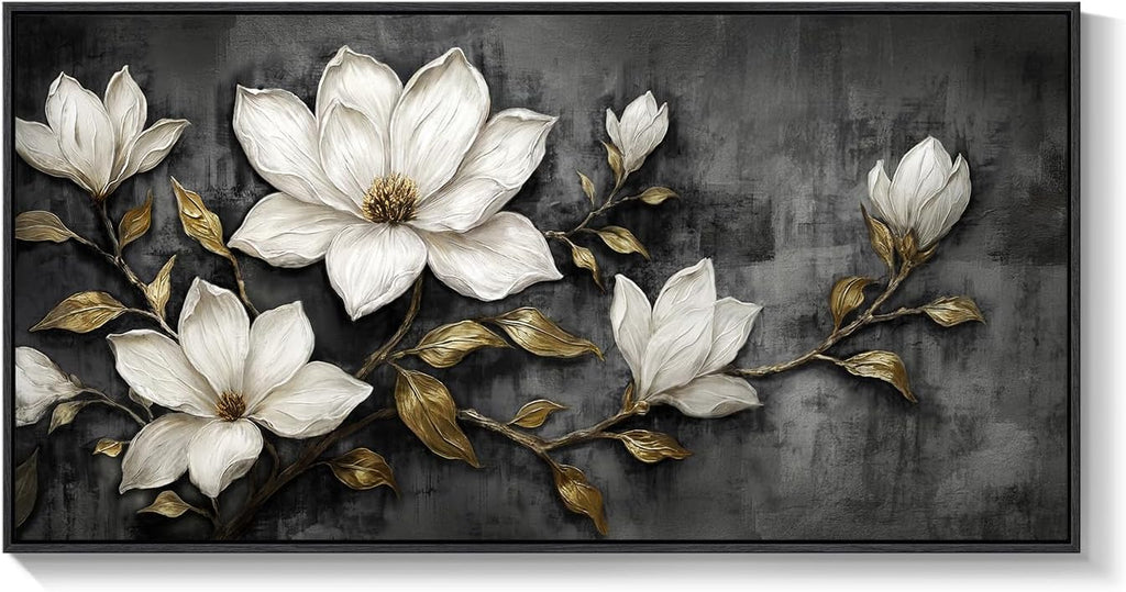 Large Framed Black and White Botanical Wall Art for Living Room, Modern Magnolia Floral Canvas Prints Paintings, Elegant Flower with Gold Leaves Pictures for Dining Room Office Wall Decor, 60x30 Inch