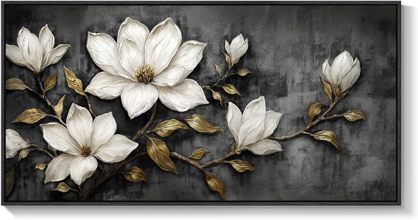 Large Framed Black and White Botanical Wall Art for Living Room, Modern Magnolia Floral Canvas Prints Paintings, Elegant Flower with Gold Leaves Pictures for Dining Room Office Wall Decor, 60x30 Inch