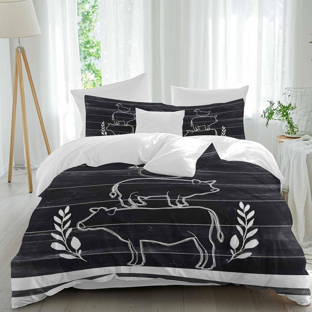 Farm Animals Duvet Cover Set Queen Size 4 Pieces Farmhouse Black Gray Cow Pig Duck Black Wood Grain Bedding Set with Zipper Closure, 1 Comforter Cover 86x86 Inches 1 Flat Sheet & 2 Pillow Cases