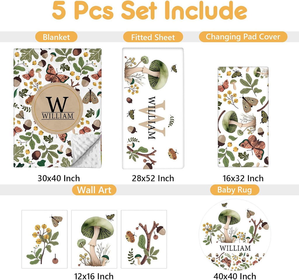 Terwex Personalized Crib Bedding Set, 5 Pcs Custom Nursery Bedding Sets with Name, Infant Bedding Set for Baby Boy Girl, Mushroom Double Layer Baby Crib Set, Babies Toddlers Kids Customized Gifts