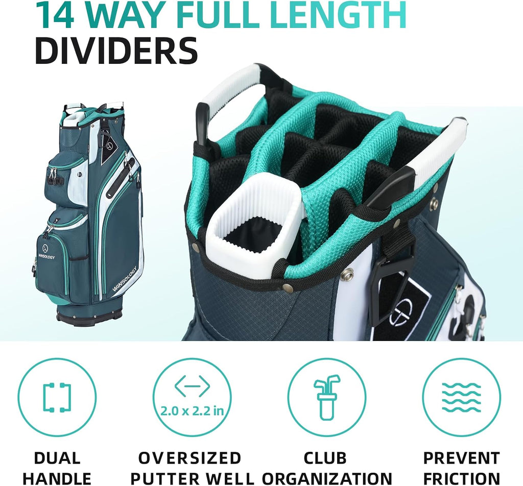 Max Lightweight Golf Cart Bag with Dual Handles and 14 Way Individual Full Length Dividers, Golf Club Bag with 11 Pockets, Large Putter Well, Double Strap Cooler for Men & Women