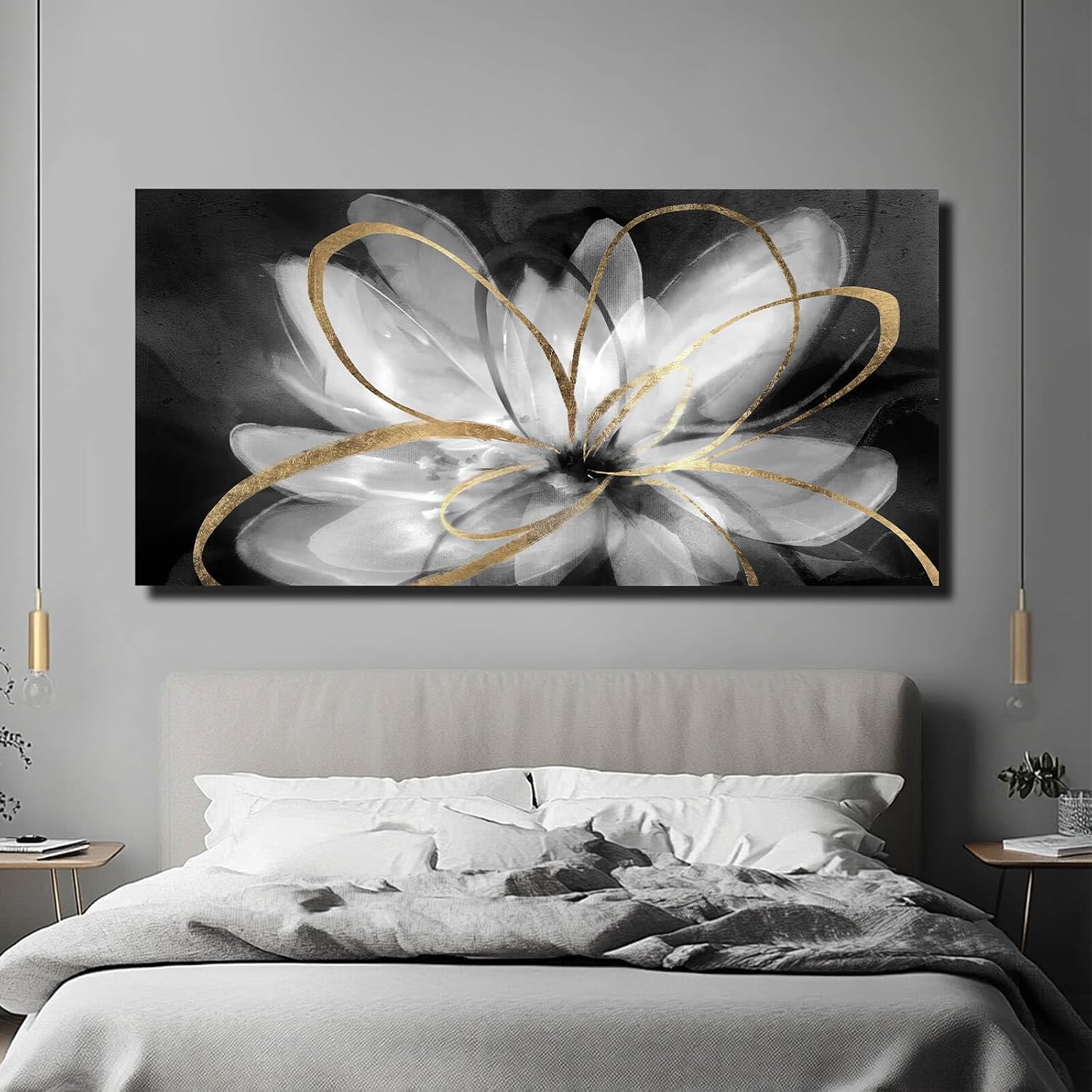 SOUGUAN Flower Large Artwork Gold Wall Decor White Canvas Paintings for Living Room Bedroom Kitchen Office 30'x 60'