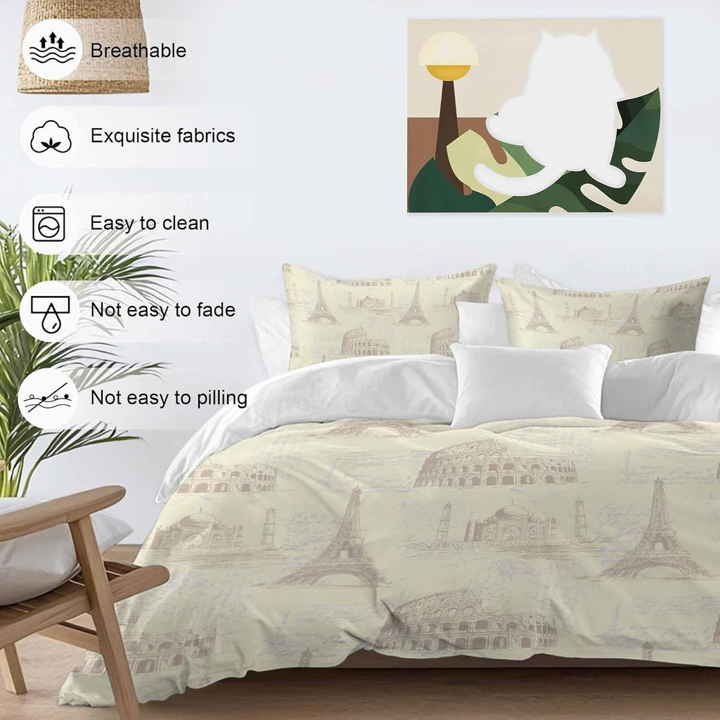 Prime Leader Yellow Architecture Duvet Cover Set Queen Size 4 Pieces Retro Classic Light Yellow City Bedding Set with Zipper Closure, 1 Comforter Cover 86x86 Inches 1 Flat Sheet & 2 Pillow Cases