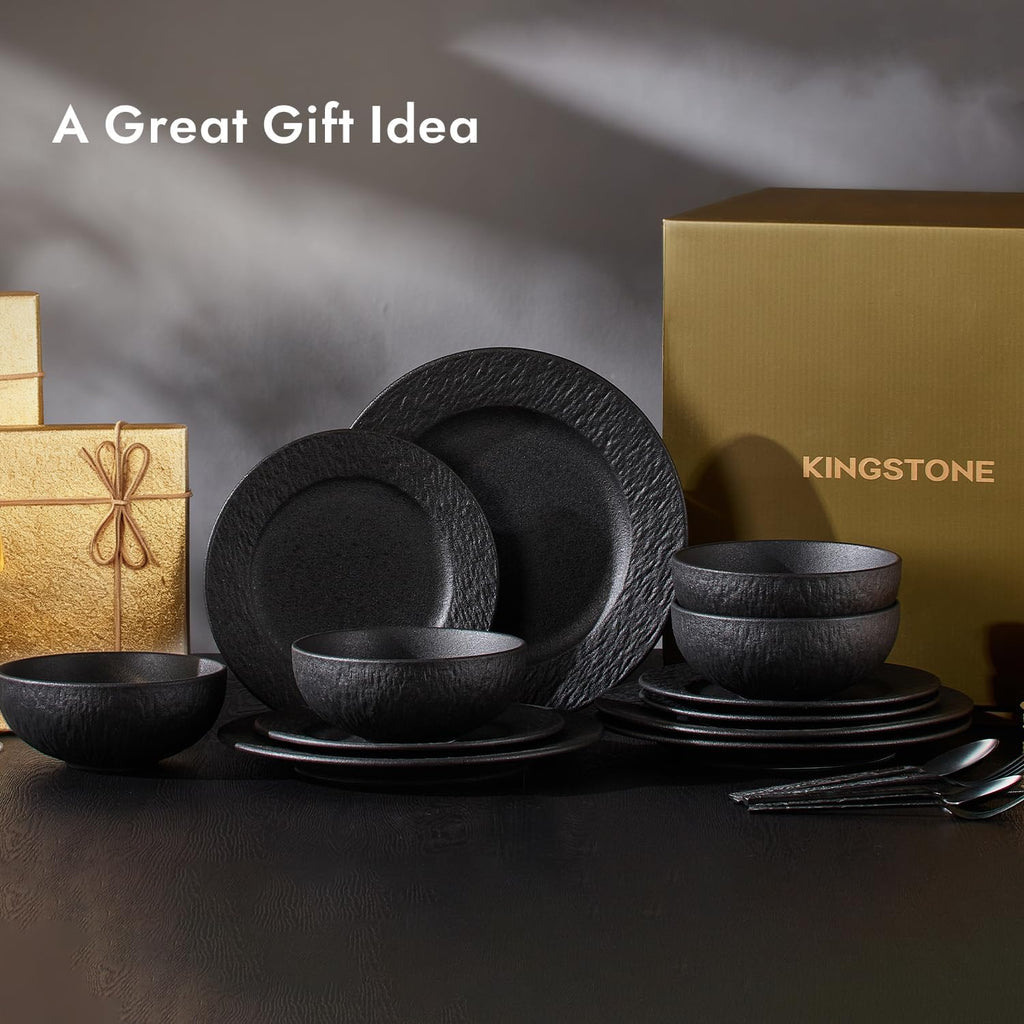 KINGSTONE Black Dinnerware Sets, 12-Piece Matte Marble Pattern Premium Porcelain, Place Setting with Dinner Plate, Salad Plate, Pasta Bowl, Microwave and Dishwasher Safe