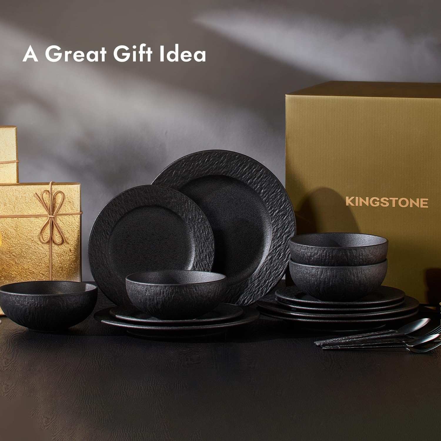 KINGSTONE Black Dinnerware Sets, 12-Piece Matte Marble Pattern Premium Porcelain, Place Setting with Dinner Plate, Salad Plate, Pasta Bowl, Microwave and Dishwasher Safe