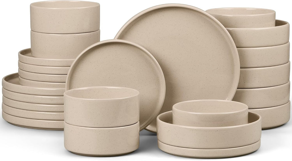 E-far Dinnerware Sets with Pasta Bowls, 24-Piece Stoneware Plates and Bowls Sets for 6 | Microwave & Dishwasher Safe Kitchen Modern Dish Set, Speckled Khaki