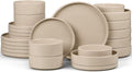 E-far Dinnerware Sets with Pasta Bowls, 24-Piece Stoneware Plates and Bowls Sets for 6 | Microwave & Dishwasher Safe Kitchen Modern Dish Set, Speckled Khaki