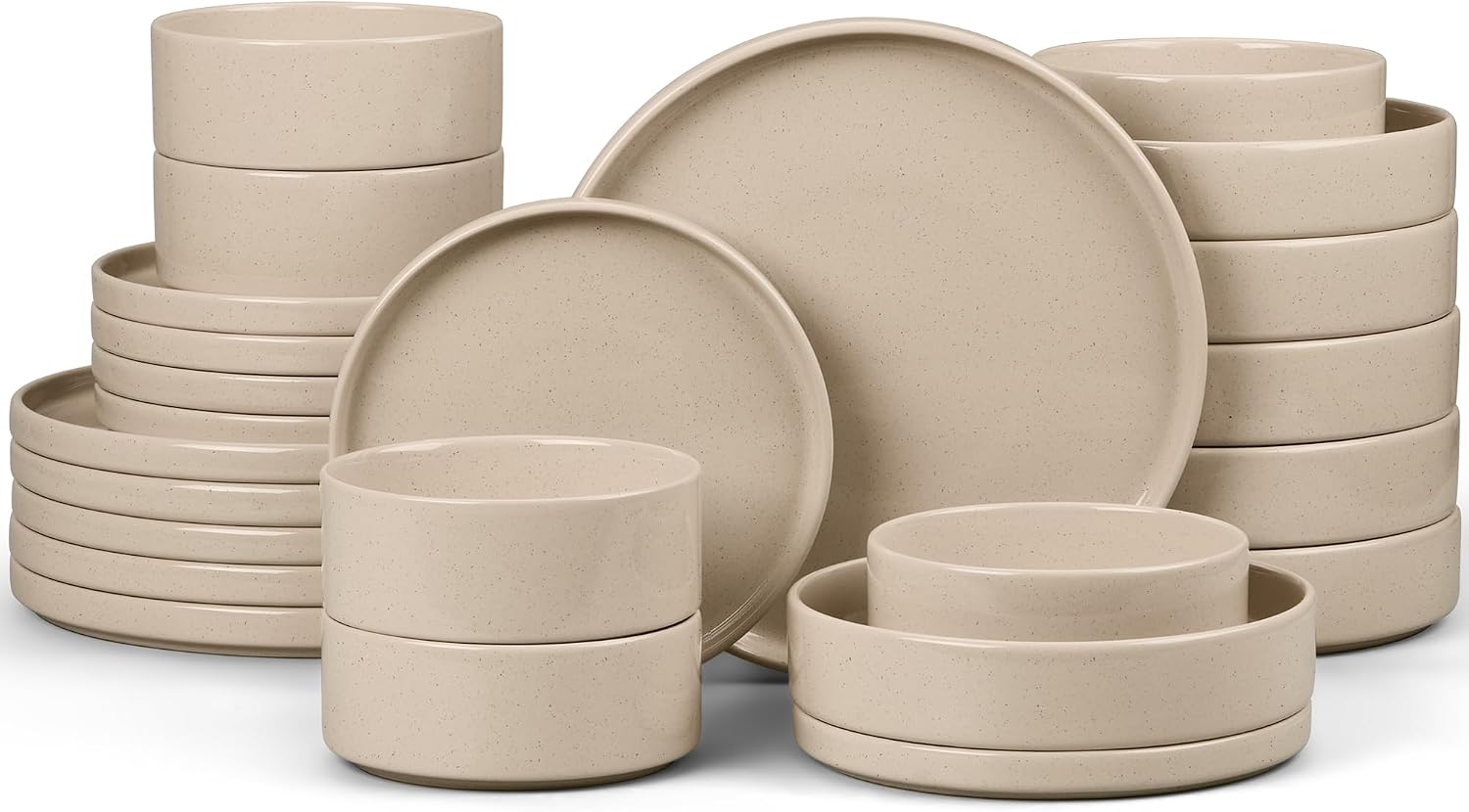 E-far Dinnerware Sets with Pasta Bowls, 24-Piece Stoneware Plates and Bowls Sets for 6 | Microwave & Dishwasher Safe Kitchen Modern Dish Set, Speckled Khaki