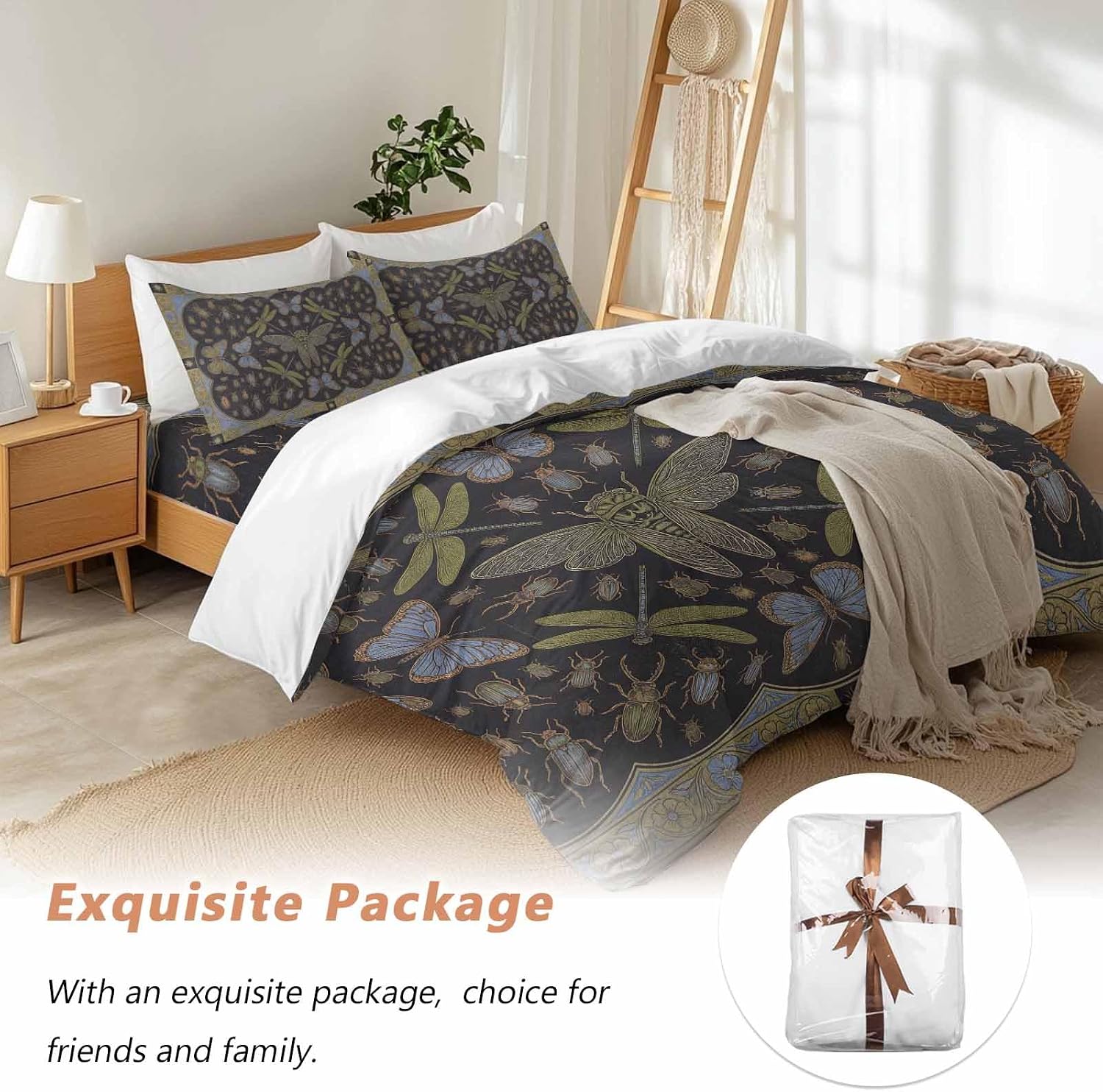 Retro Animal Duvet Cover Set Queen Size 4 Pieces Gold Dragonfly Butterfly Geometric Floral Black Bedding Set with Zipper Closure, 1 Comforter Cover 90x92 Inches 1 Flat Sheet & 2 Pillow Cases