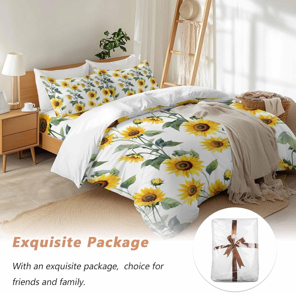 Prime Leader Summer Sunflowers Duvet Cover Set Queen Size 4 Pieces Watercolor Floral White Bedding Set with Zipper Closure, 1 Comforter Cover 90x92 Inches 1 Flat Sheet & 2 Pillow Cases