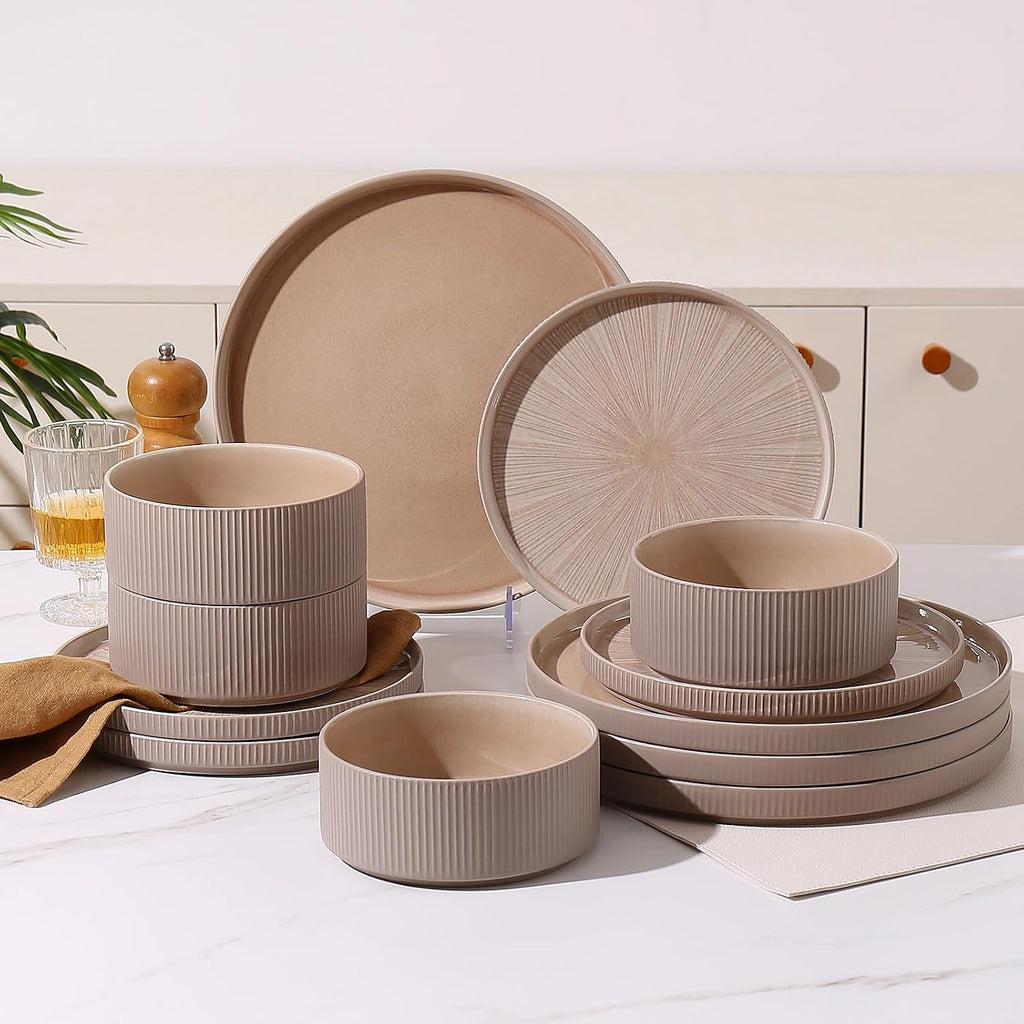 Dinnerware Sets, Ceramic Plates and Bowls Set 24 Piece Dinnerware for 8 Chip Resistant Stoneware with Advanced Inkjet Printing Technology, Dishwasher and Microwave Safe-Dusty Brown