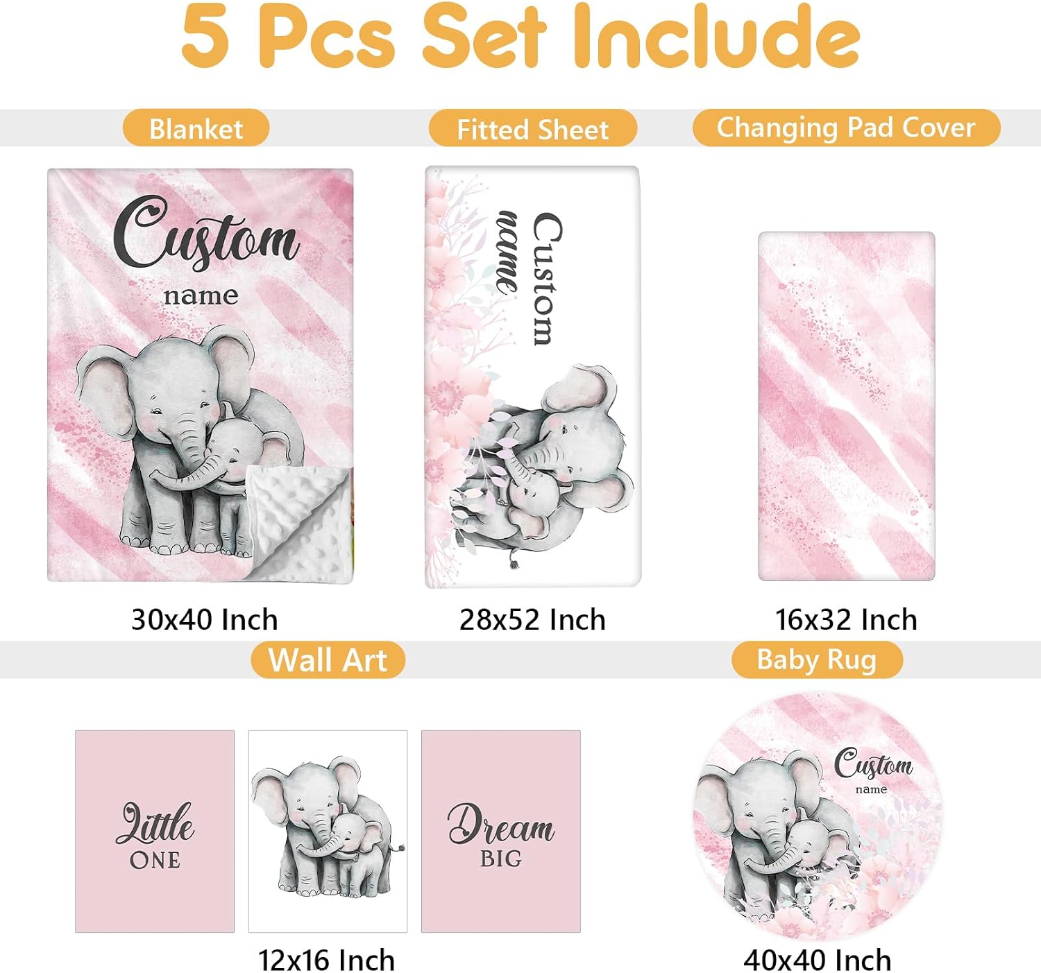 Terwex Personalized Baby Bedding Set, 5 Pcs Custom Baby Crib Sets with Name, Toddler Bedding Set for Baby Girls, Pink Elephants Double Layer Nursery Bedding Set, Customized Gifts for Infants Kids
