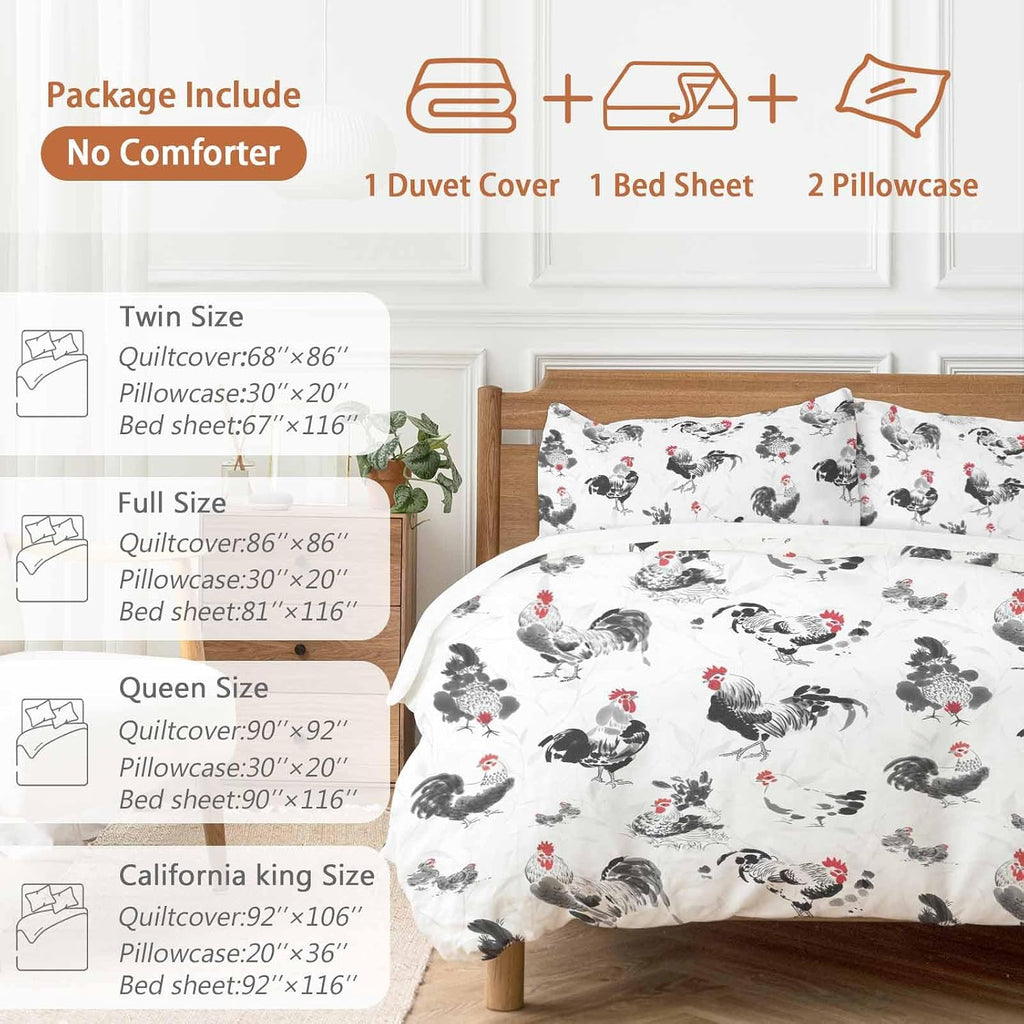 Prime Leader Rooster Hen Duvet Cover Set Queen Size 4 Pieces Watercolor Farm Animal Rustic Black Country Bedding Set with Zipper Closure, 1 Comforter Cover 86x86 Inches 1 Flat Sheet & 2 Pillow Cases