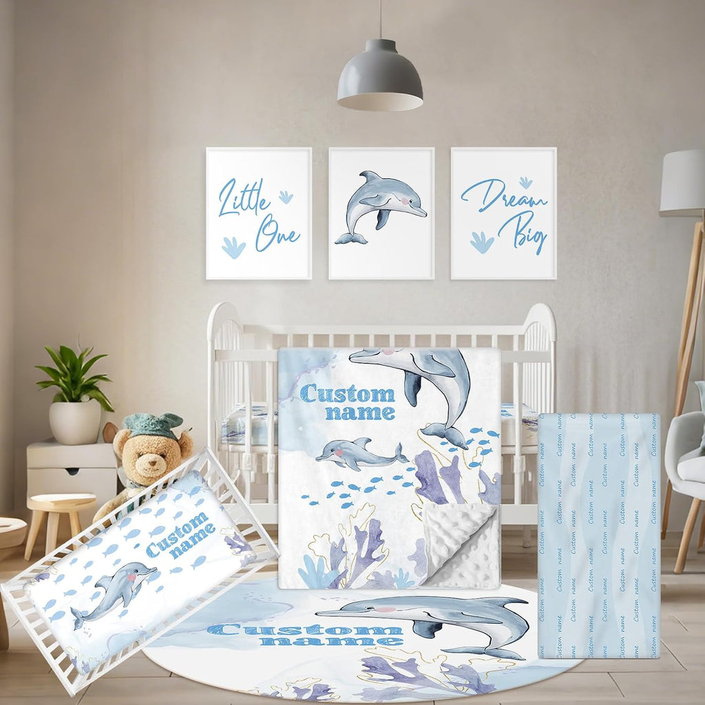 Terwex Personalized Baby Crib Bedding Set, 5 Pcs Custom Name Nursery Bedding Set, Blue Dolphin Baby Bedding Set for Girls Boys, Double Layer Baby Crib Sets, Customized Gifts for Toddlers Kids Infants