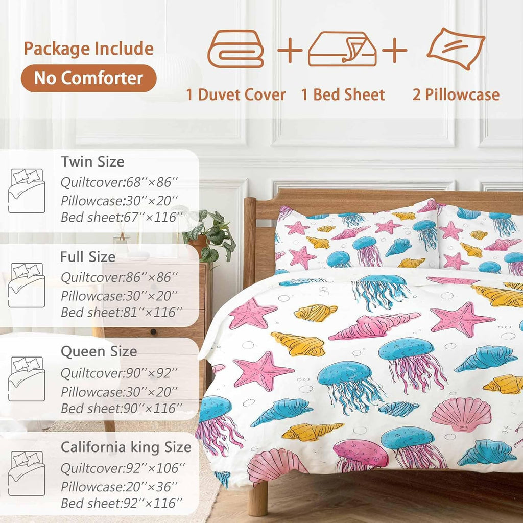 Marine Life Duvet Cover Set Queen Size 4 Pieces Nautical Ocean Pink Blue Yellow Jellyfish Starfish Shell Bedding Set with Zipper Closure, 1 Comforter Cover 86x86 Inches 1 Flat Sheet & 2 Pillow Cases