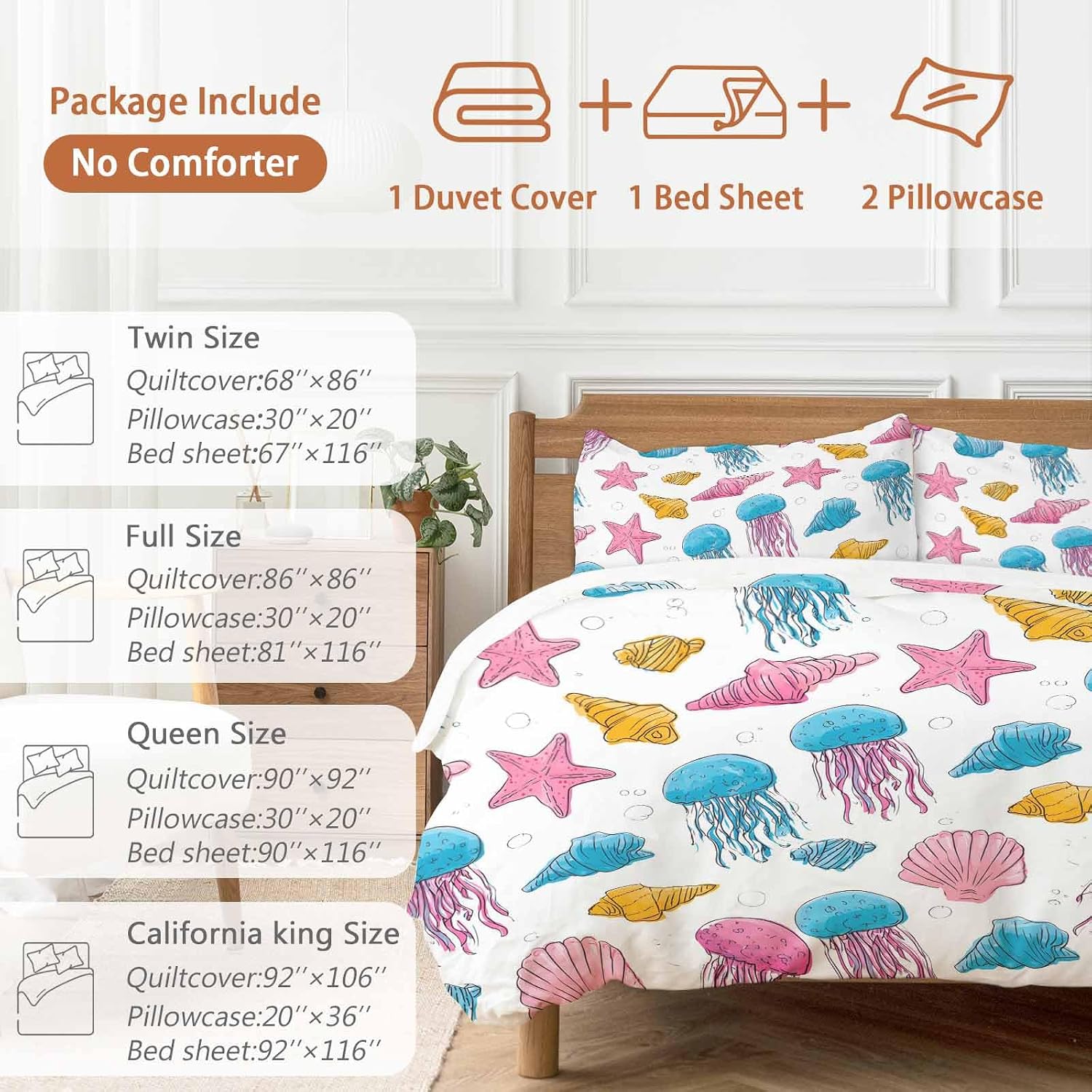 Marine Life Duvet Cover Set Queen Size 4 Pieces Nautical Ocean Pink Blue Yellow Jellyfish Starfish Shell Bedding Set with Zipper Closure, 1 Comforter Cover 92x106 Inches 1 Flat Sheet & 2 Pillow Cases