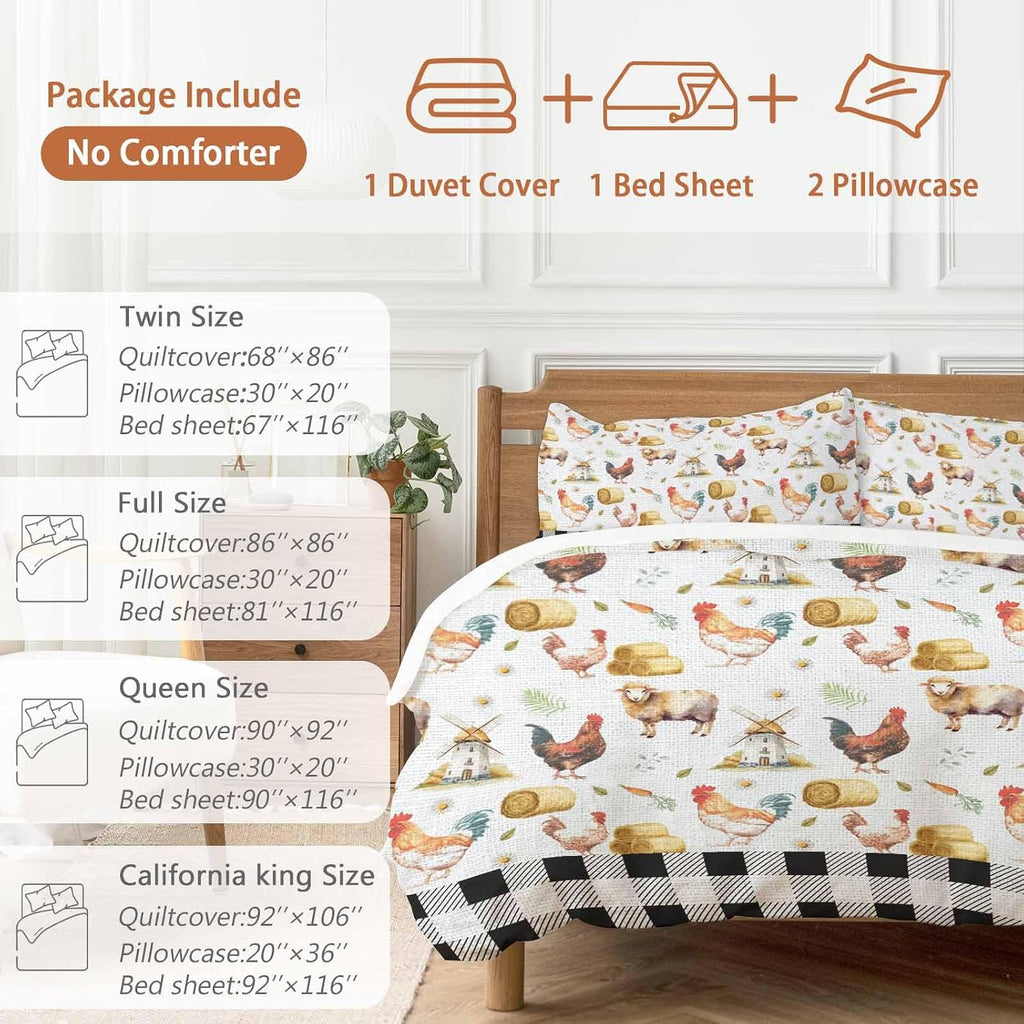 Farm Animal Duvet Cover Set Queen Size 4 Pieces Farmhouse Red Barn Sheep Pigs Rooster Country Black Plaid Bedding Set with Zipper Closure, 1 Comforter Cover 86x86 Inches 1 Flat Sheet & 2 Pillow Cases