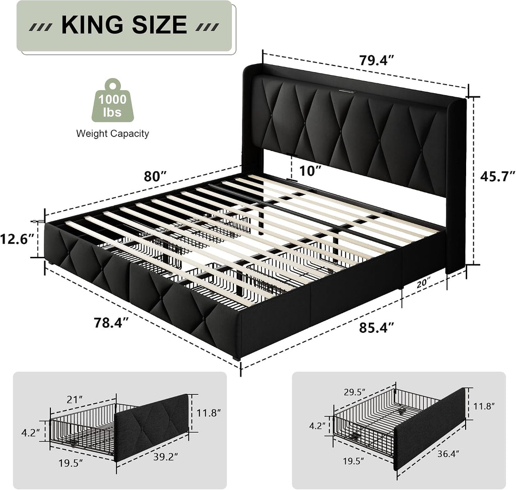 Feonase King Size Bed Frame with 4 Storage Drawers, Upholstered Platform Bed with Charging Station, Wingback Storage Headboard, Wooden Slats Support, No Box Spring Needed, Easy-Assembly, Black