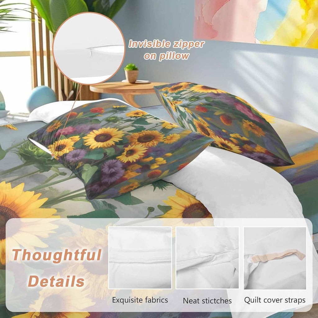 Spring Florals Duvet Cover Set Queen Size 4 Pieces Watercolor Sunflowers Country Green Leaves Bedding Set with Zipper Closure, 1 Comforter Cover 90x92 Inches 1 Flat Sheet & 2 Pillow Cases