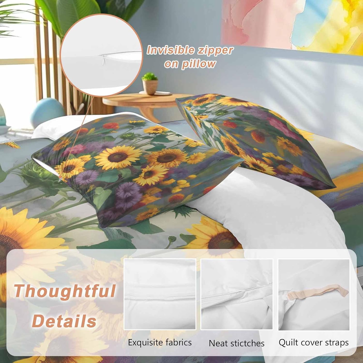 Spring Florals Duvet Cover Set Queen Size 4 Pieces Watercolor Sunflowers Country Green Leaves Bedding Set with Zipper Closure, 1 Comforter Cover 90x92 Inches 1 Flat Sheet & 2 Pillow Cases