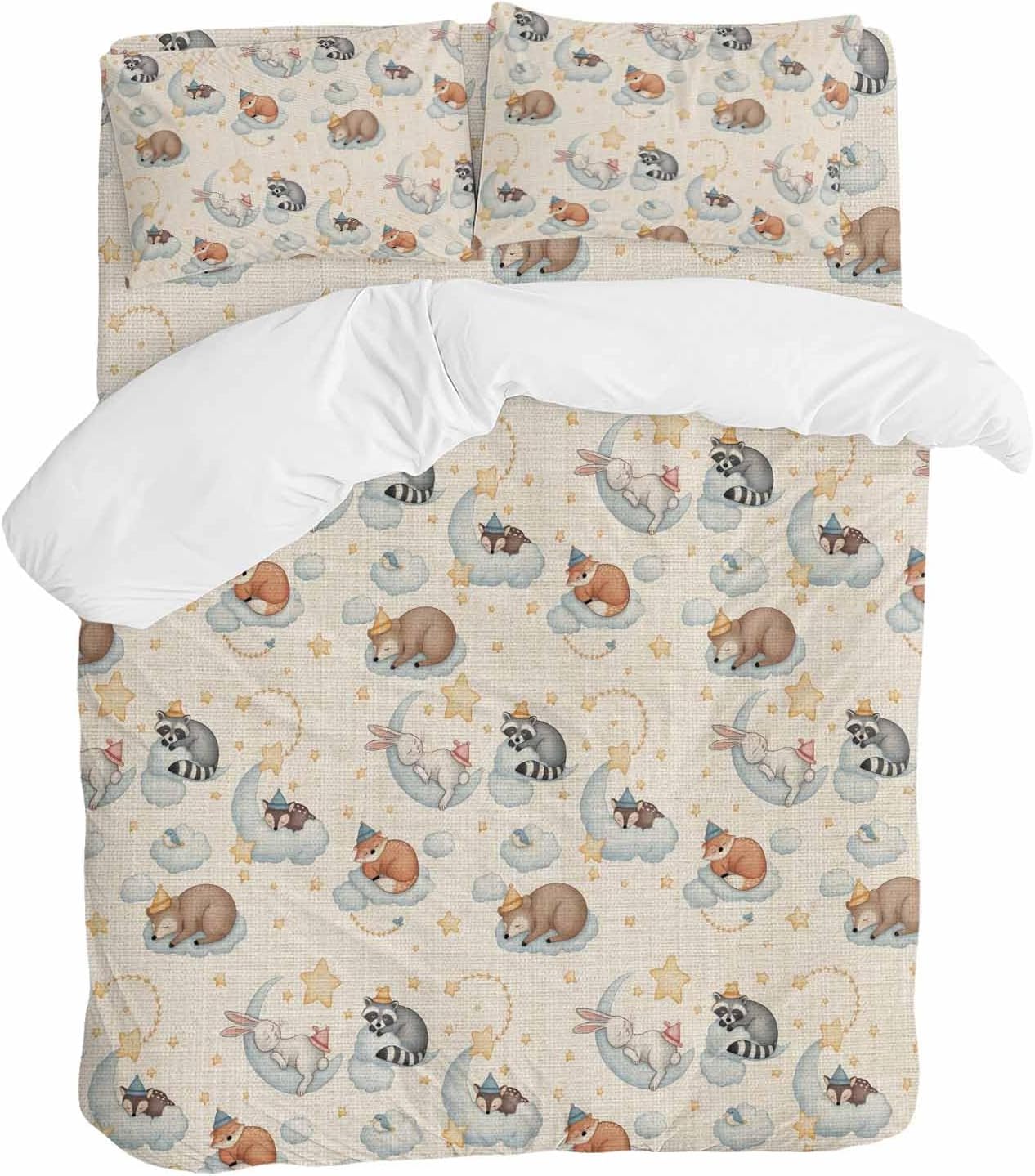 Cartoons Animals Duvet Cover Set Queen Size 4 Pieces Watercolor Fox Sleeping Raccoon Cute Rabbit Bedding Set with Zipper Closure, 1 Comforter Cover 86x86 Inches 1 Flat Sheet & 2 Pillow Cases