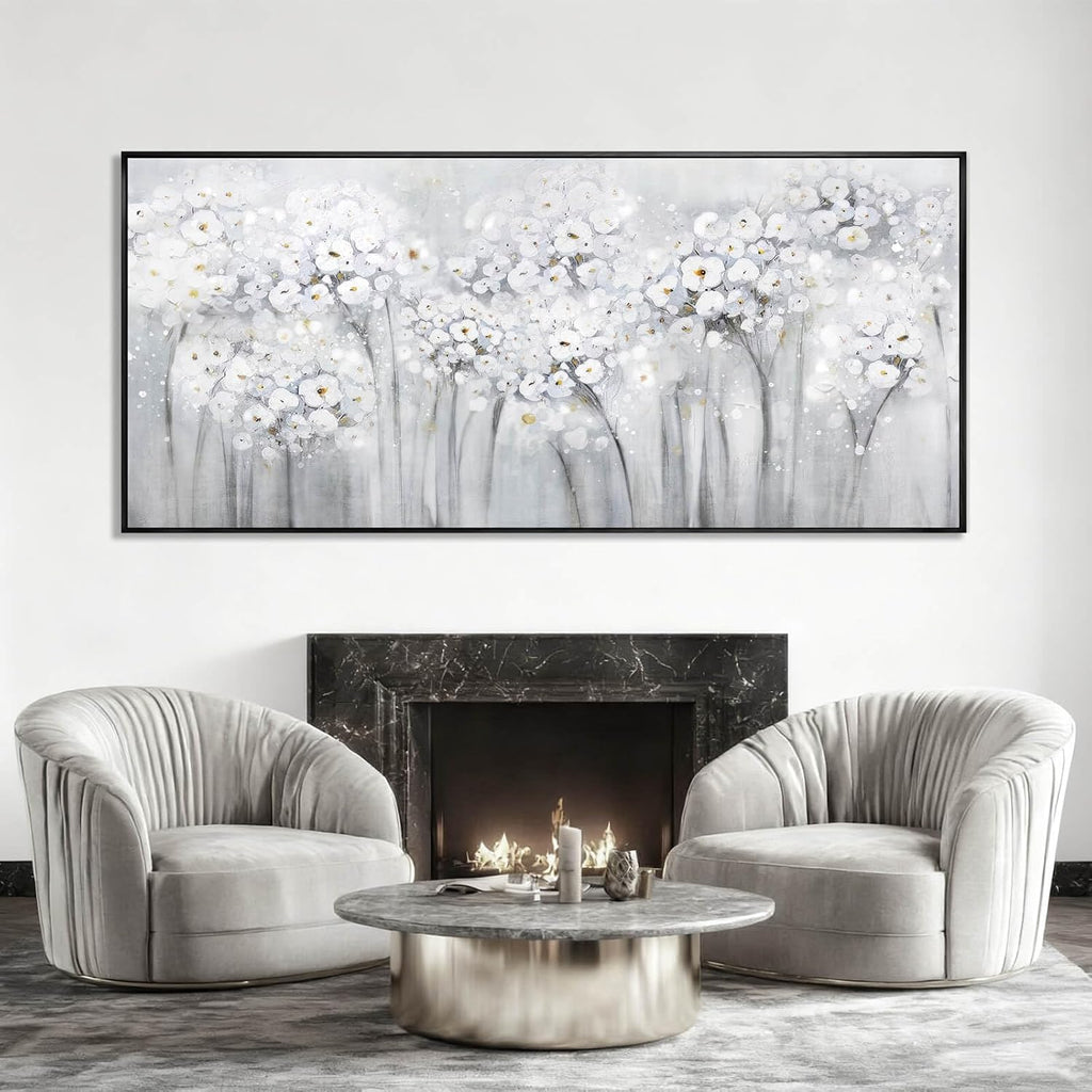 Flower Wood Wall Decor White Wall Art Textured Canvas Painting 32'x70' Decorative Pictures for Bedroom Kitchen Large Artwork