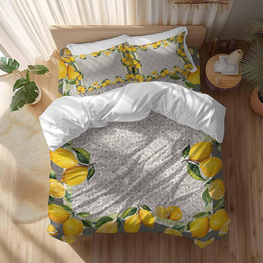 Yellow Lemon Duvet Cover Set Queen Size 4 Pieces Watercolor Fruit Farm Brown Flower Pattern Background Bedding Set with Zipper Closure, 1 Comforter Cover 86x86 Inches 1 Flat Sheet & 2 Pillow Cases