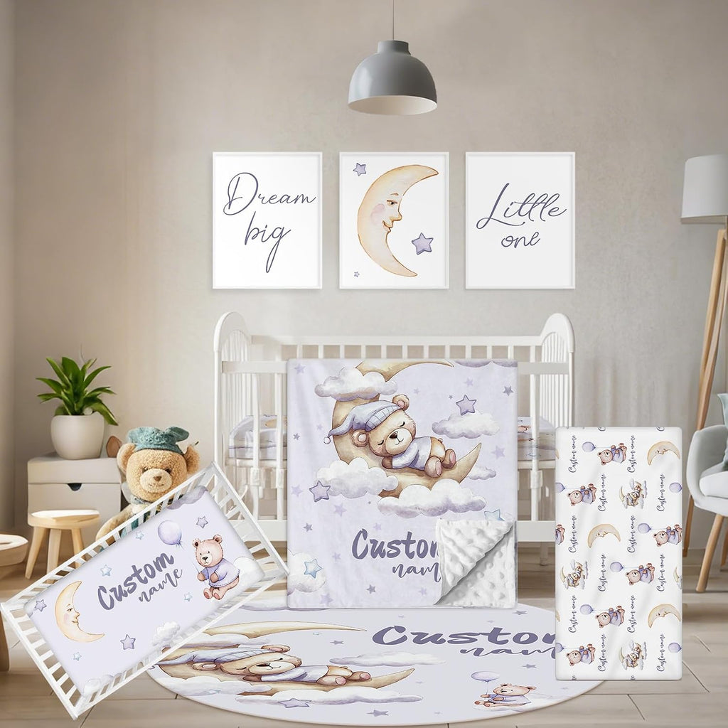 Terwex Personalized Crib Bedding Set, 5 Pcs Custom Nursery Bedding Sets with Name, Purple Bear Infant Bedding Set for Baby Girl Boy, Double Layer Baby Crib Set, Babies Toddlers Kids Customized Gifts