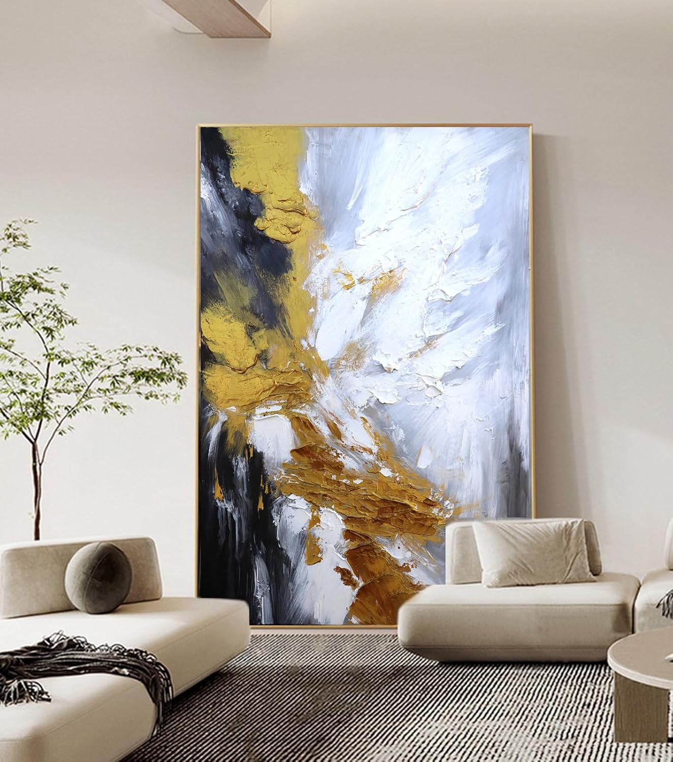 Large 3D Texture Glod Abstract Canvas Wall Art for Living Room,Framed Hand Painted Black and White Abstract Oil Painting for entrance hallway,Modern Thick Textured Wall Decorations Painting Hang for Home Office Décor 32x48inches