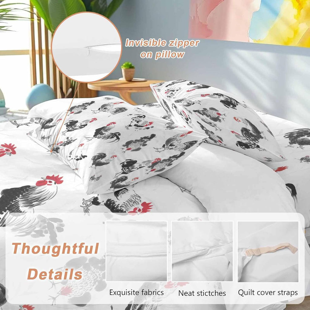 Prime Leader Rooster Hen Duvet Cover Set Queen Size 4 Pieces Watercolor Farm Animal Rustic Black Country Bedding Set with Zipper Closure, 1 Comforter Cover 86x86 Inches 1 Flat Sheet & 2 Pillow Cases