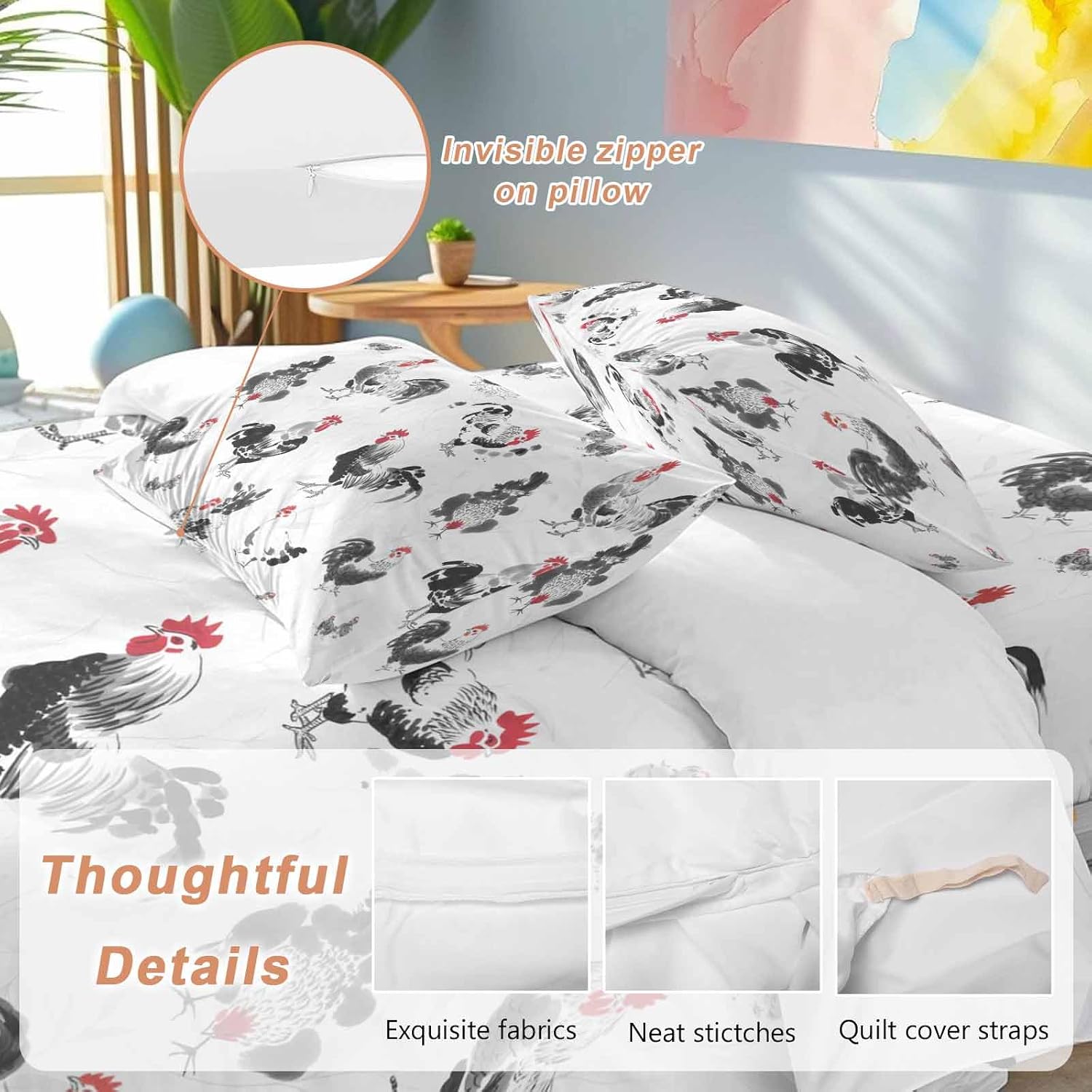 Prime Leader Rooster Hen Duvet Cover Set Queen Size 4 Pieces Watercolor Farm Animal Rustic Black Country Bedding Set with Zipper Closure, 1 Comforter Cover 86x86 Inches 1 Flat Sheet & 2 Pillow Cases