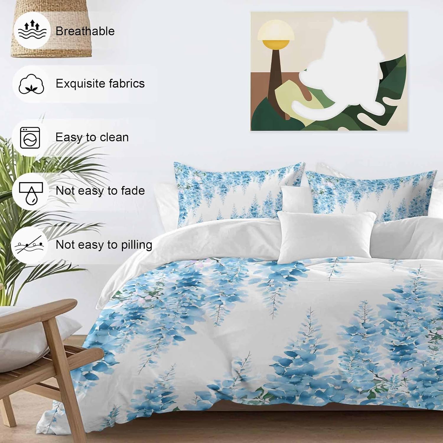 Prime Leader Blue Flowers Duvet Cover Set Queen Size 4 Pieces Watercolor Blue Wisteria Floral Bedding Set with Zipper Closure, 1 Comforter Cover 86x86 Inches 1 Flat Sheet & 2 Pillow Cases