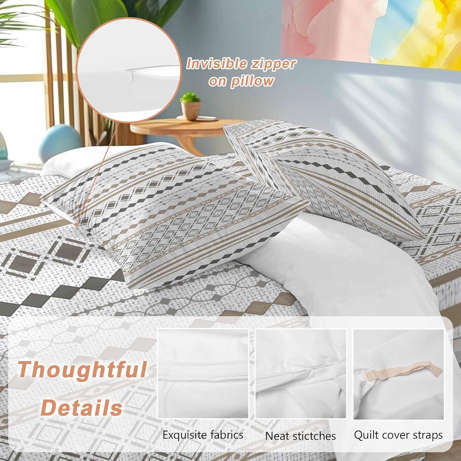 Bohemia Geometric Duvet Cover Set Queen Size 4 Pieces Brown Stripes Diamond Ethnic Linen Texture Bedding Set with Zipper Closure, 1 Comforter Cover 90x92 Inches 1 Flat Sheet & 2 Pillow Cases