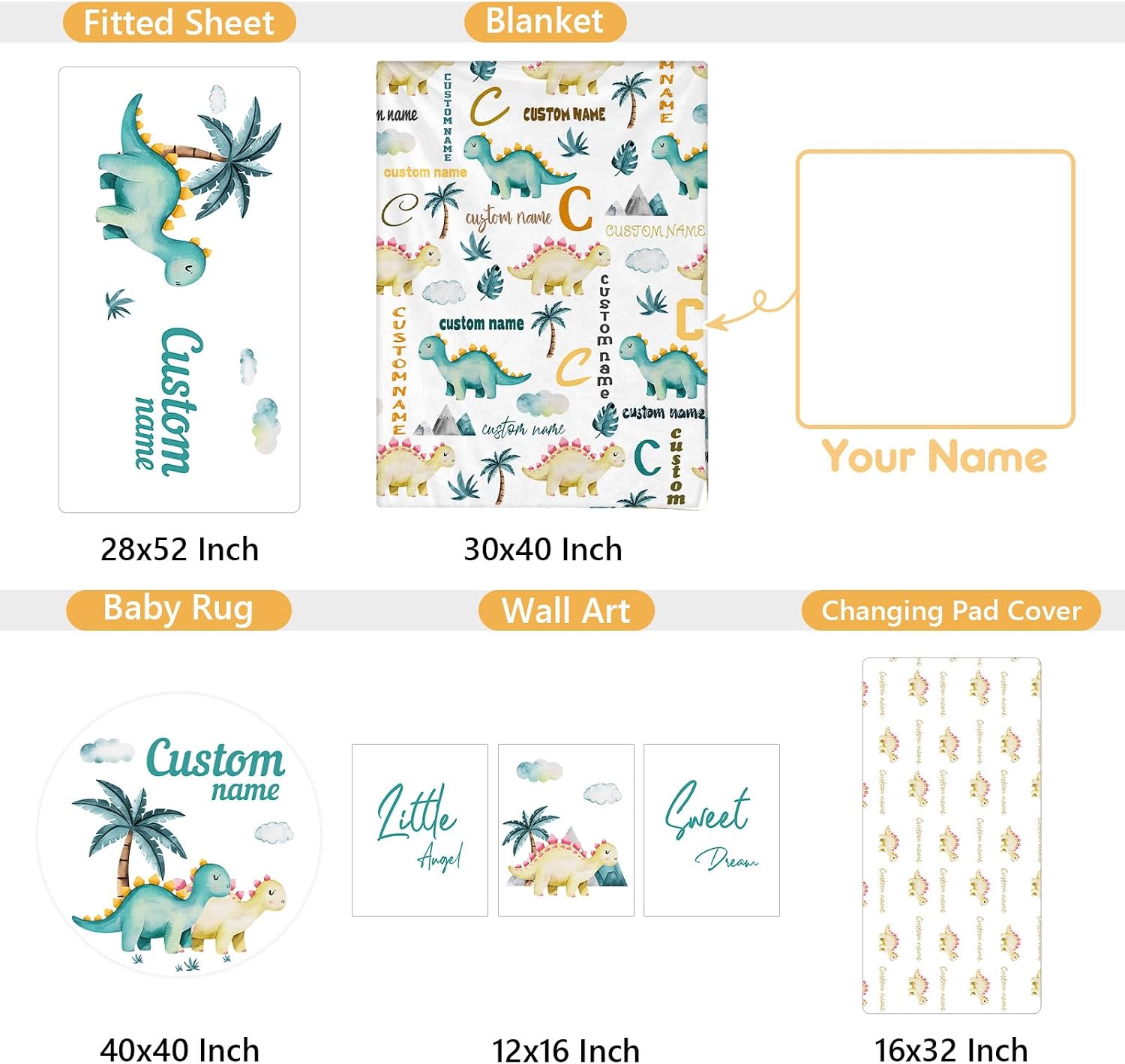 Terwex Personalized Baby Crib Set, 5 Pcs Baby Boy Crib Bedding Set, Custom Name Dinosaur Baby Crib Bedding Set Neutral, Double Layer Flannel Nursery Bedding Set, Customized Gifts for Toddler Infant