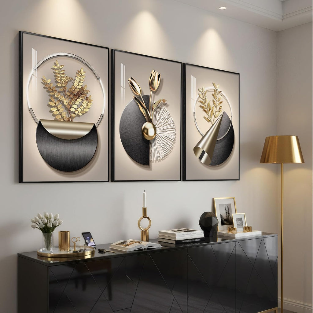 Large Framed Modern Elegant Wall Art for Living Room, 3 Piece Black and Gold Bright Luxury Prints Paintings, Contemporary Elegant Flower and Geometric Pictures for Bedroom Entryway Wall Decor 24x36 In