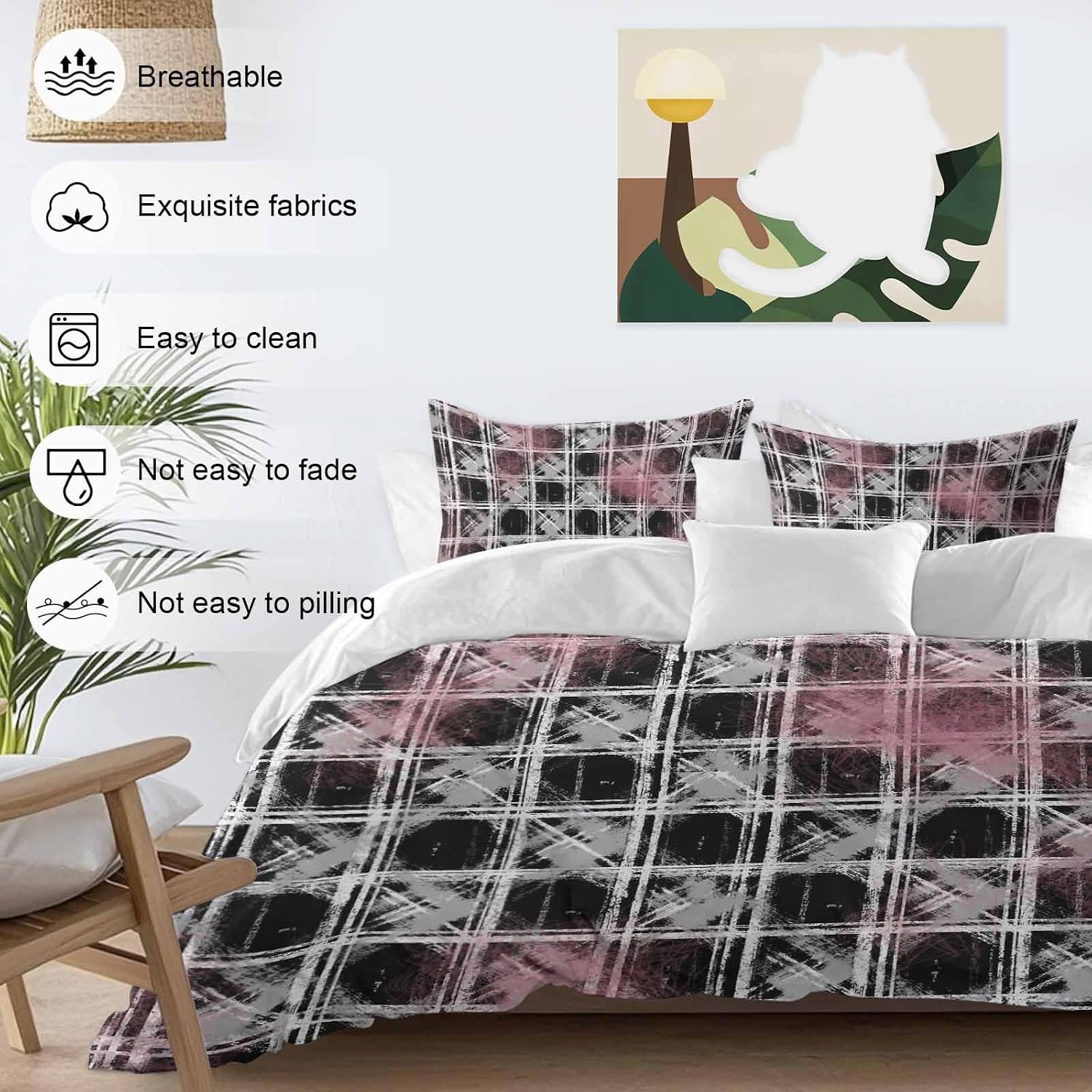 Tartan Duvet Cover Set Queen Size 4 Pieces Scottish Plaid Gray White Stripes Black Plaid Artistic Bedding Set with Zipper Closure, 1 Comforter Cover 90x92 Inches 1 Flat Sheet & 2 Pillow Cases