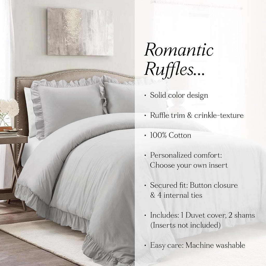 Lush Decor Reyna Ruffle Cotton Duvet Cover Set 3 Piece Set King, Light Gray - King Size Bedding Set - Gray Duvet King- Ruffled Bedding - Coquette Decor