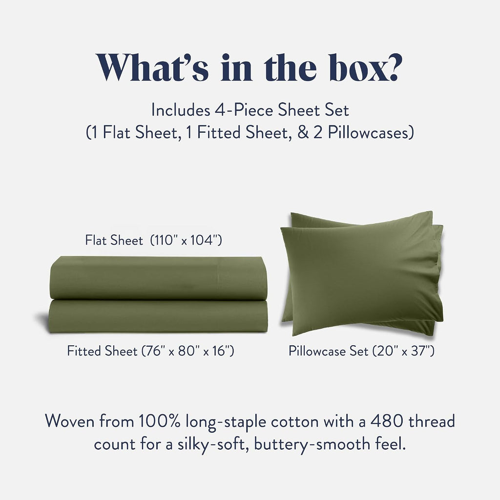 Brooklinen Luxury Sateen 4 Piece Sheet Set - 100% Cotton Bed Sheets, Soft & Durable King Size Sheet Set in Fresh Moss, Oeko-TEX Certified Bedding Set, 1 Fitted Sheet, 1 Flat Sheet, 2 Pillowcases