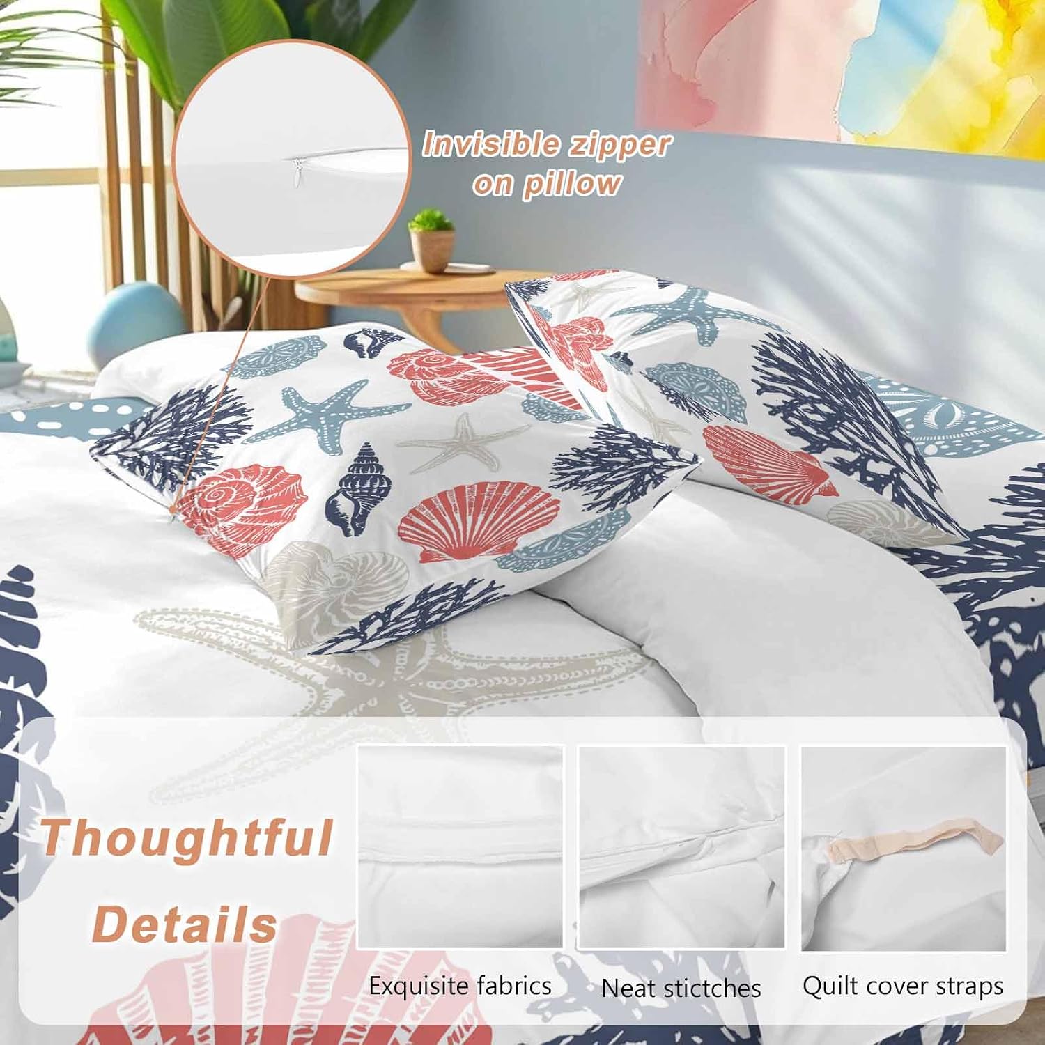 Summer Marine Life Duvet Cover Set Queen Size 4 Pieces Graffiti Red Corals Shell Conch Blue Starfish Bedding Set with Zipper Closure, 1 Comforter Cover 90x92 Inches 1 Flat Sheet & 2 Pillow Cases