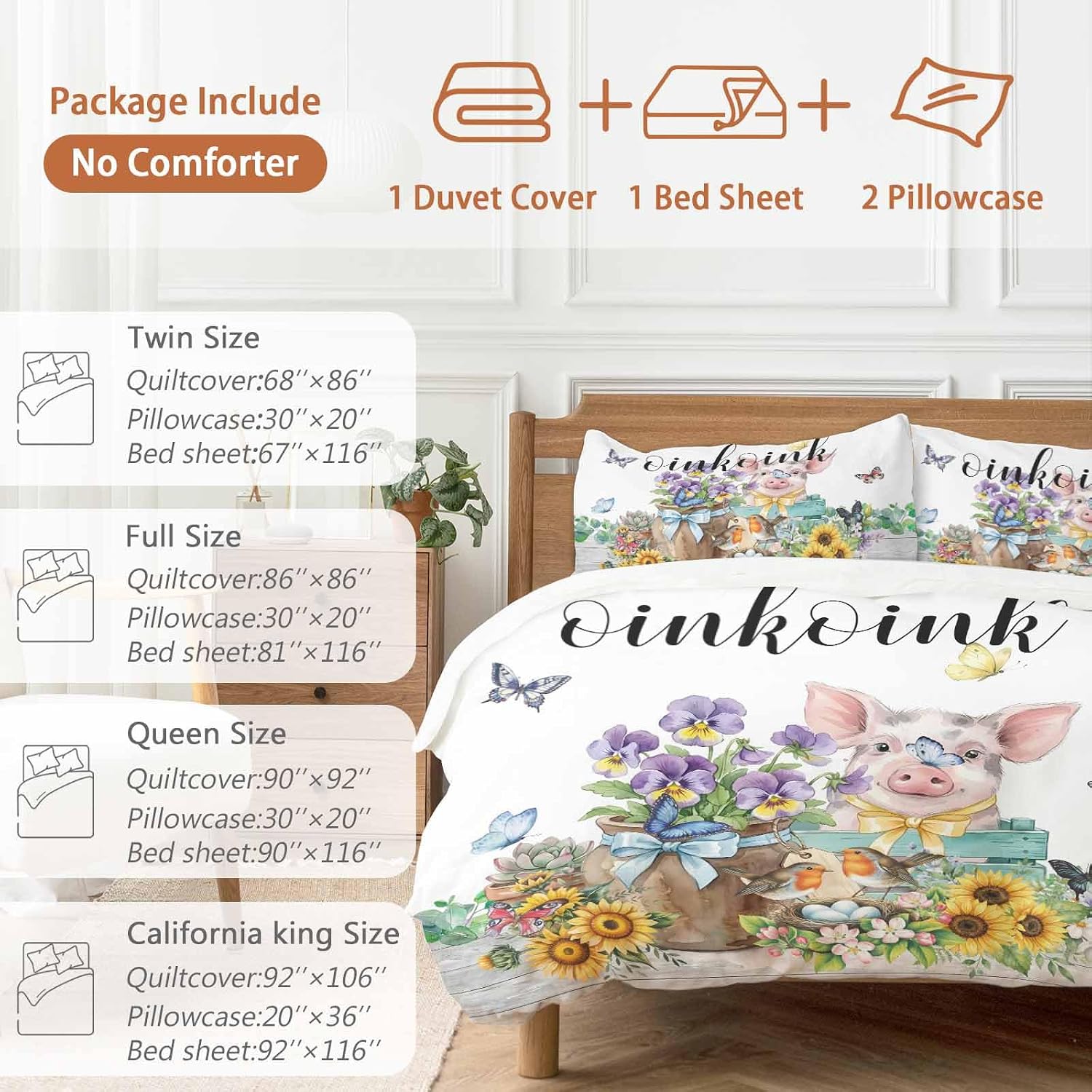 Prime Leader Floral Animals Duvet Cover Set Queen Size 4 Pieces Retro Flowers Fence Pig Birds Butterfly Bedding Set with Zipper Closure, 1 Comforter Cover 92x106 Inches 1 Flat Sheet & 2 Pillow Cases