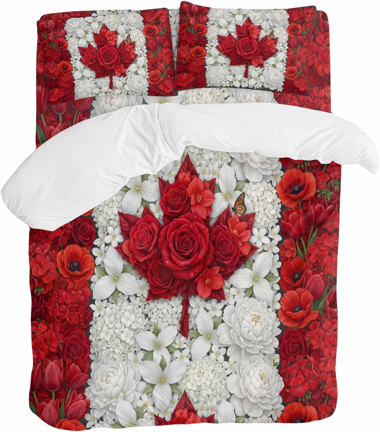 Prime Leader Floral Duvet Cover Set Queen Size 4 Pieces Watercolor White Red Flowers Canada Flag Style Bedding Set with Zipper Closure, 1 Comforter Cover 90x92 Inches 1 Flat Sheet & 2 Pillow Cases