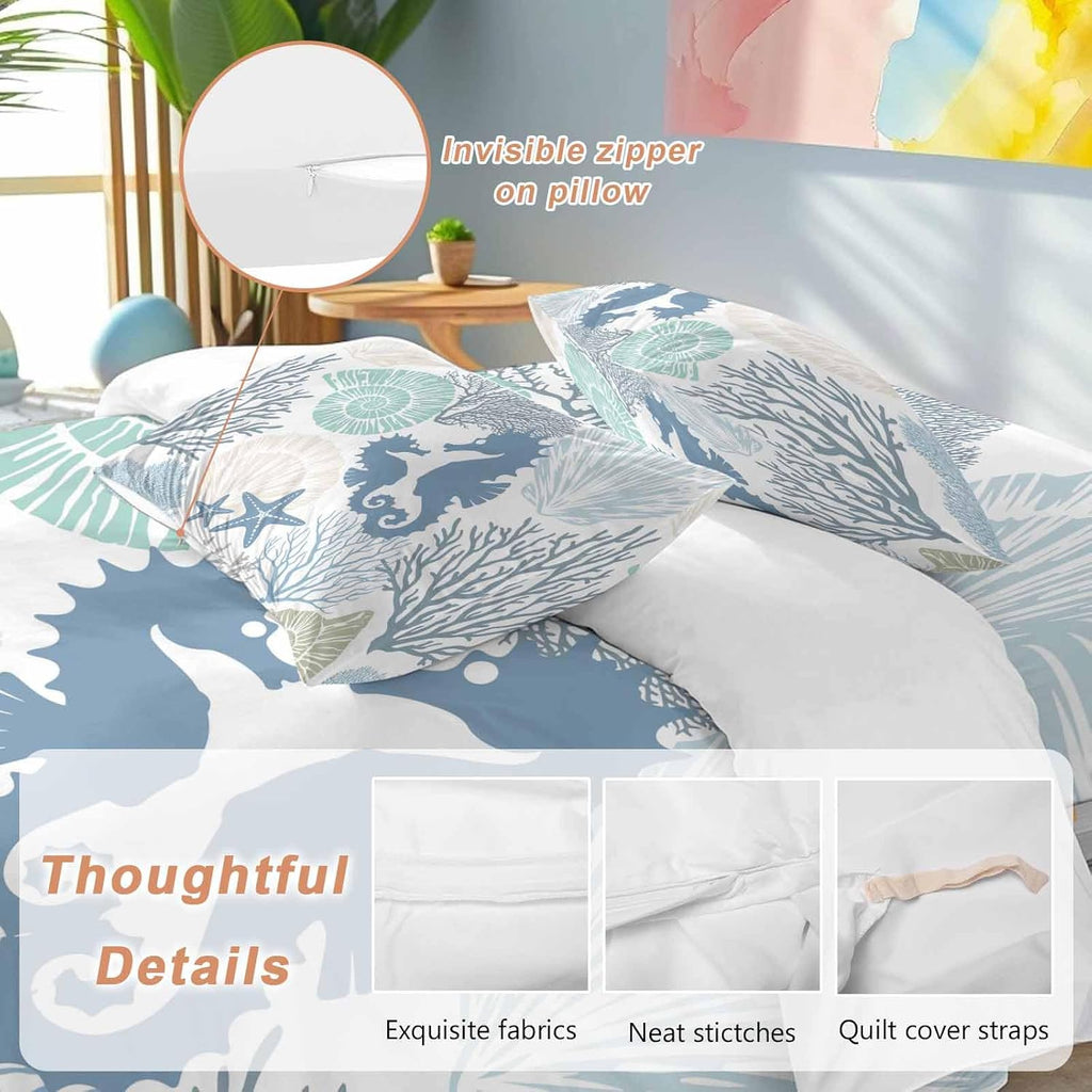 Blue Ocean Seahorse Duvet Cover Set Queen Size 4 Pieces Nautical Sea Watercolor Teal Shells Coral Starfish Bedding Set with Zipper Closure,1 Comforter Cover 92x106 Inches 1 Flat Sheet & 2 Pillow Cases