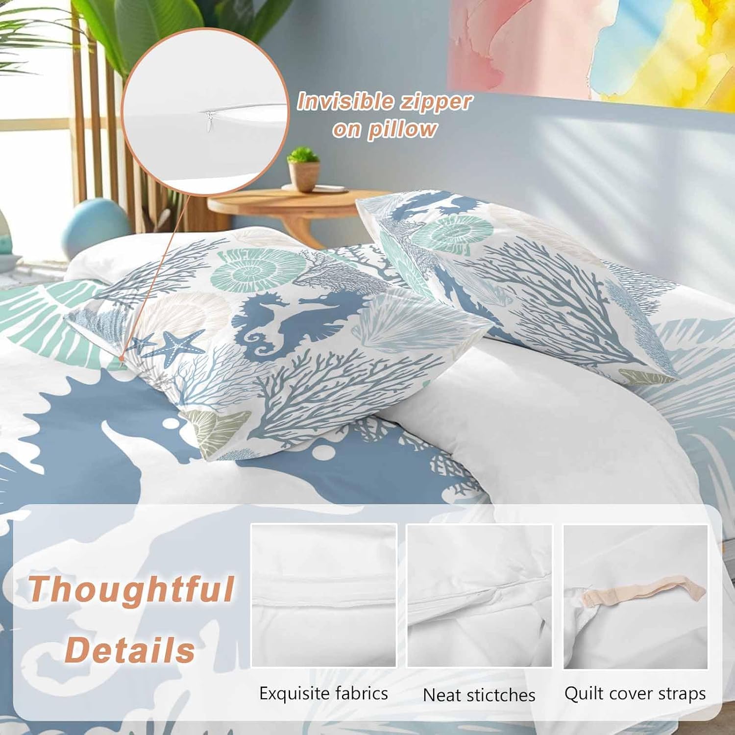 Blue Ocean Seahorse Duvet Cover Set Queen Size 4 Pieces Nautical Sea Watercolor Teal Shells Coral Starfish Bedding Set with Zipper Closure,1 Comforter Cover 92x106 Inches 1 Flat Sheet & 2 Pillow Cases