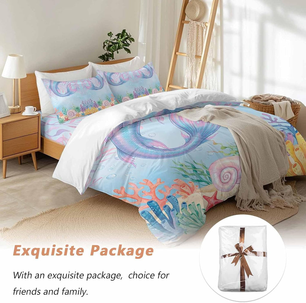 Ocean Marine Life Duvet Cover Set Queen Size 4 Pieces Watercolor Fish Tails Starfish Sea Nut Seagrass Bedding Set with Zipper Closure, 1 Comforter Cover 86x86 Inches 1 Flat Sheet & 2 Pillow Cases