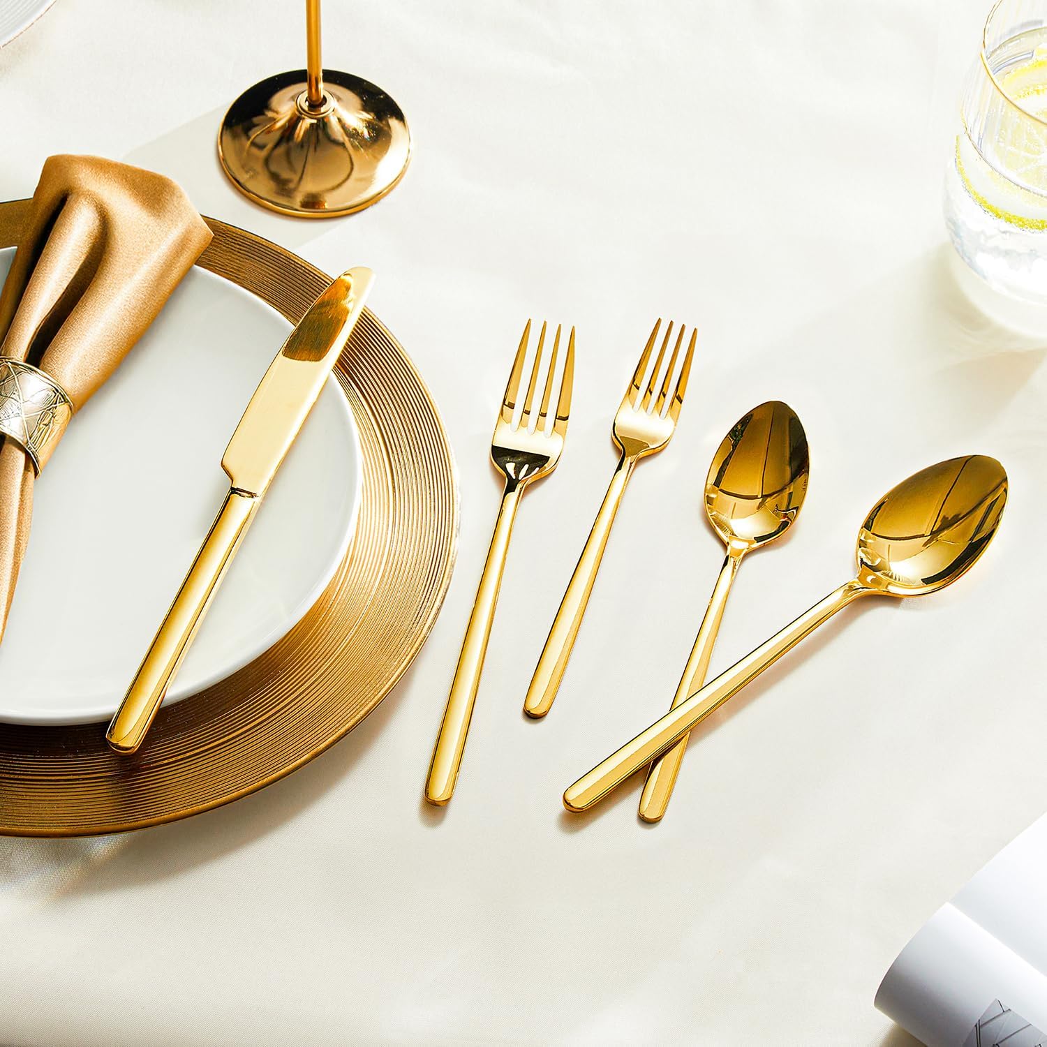 KINGSTONE Gold Silverware Set, 60 Piece Flatware Cutlery Set for 12, 18/10 Stainless Steel Silverware Mirror Polished Dishwasher Safe for Home, Restaurant, Wedding, Party(Gold, 60 pieces for 12)