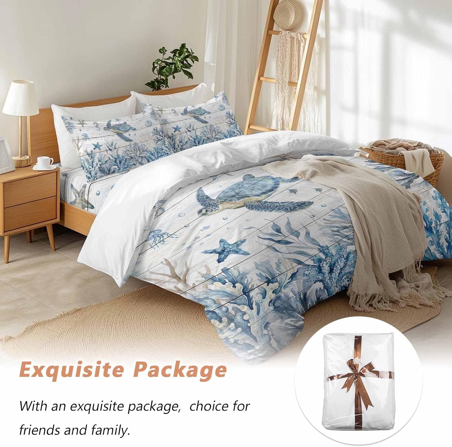 Marine Life Duvet Cover Set Queen Size 4 Pieces Ocean Turtle Coral Starfish Seashell Coastal Wood Grain Bedding Set with Zipper Closure, 1 Comforter Cover 90x92 Inches 1 Flat Sheet & 2 Pillow Cases